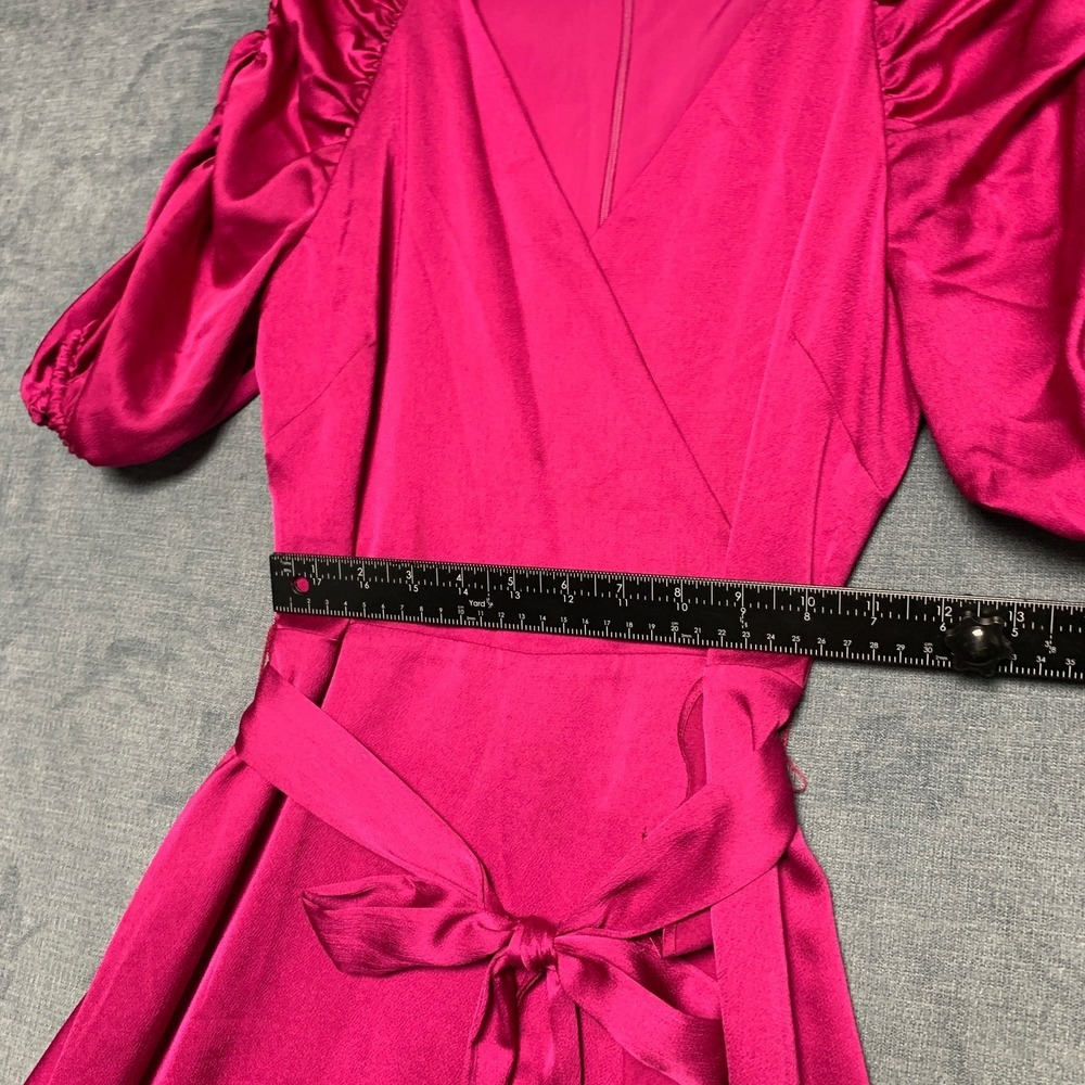 Kensie Faux Wrap Dress Womens 6 Hot Pink Ruched Sleeves Ruffled Hem Tie waist - Picture 9 of 14